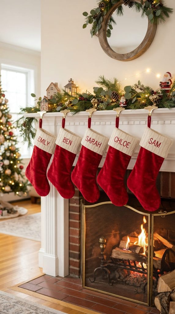Matching red stockings hanging from brass hooks on a white mantel