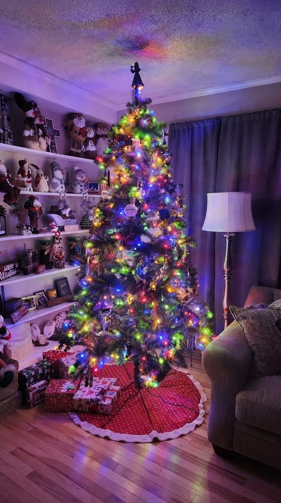 Christmas tree with large retro multicolor bulb lights and vintage ornaments