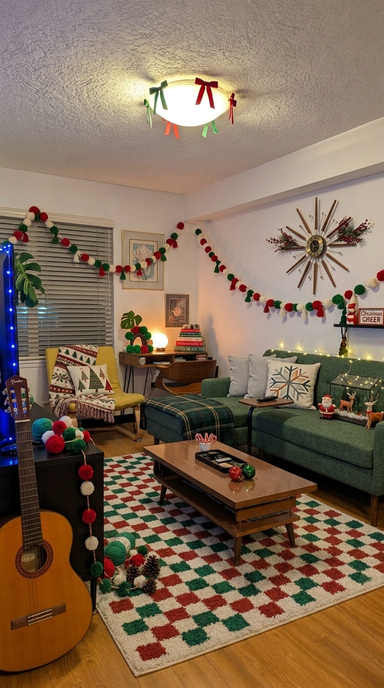 red white and green yarn pom pom garland DIY Christmas decor