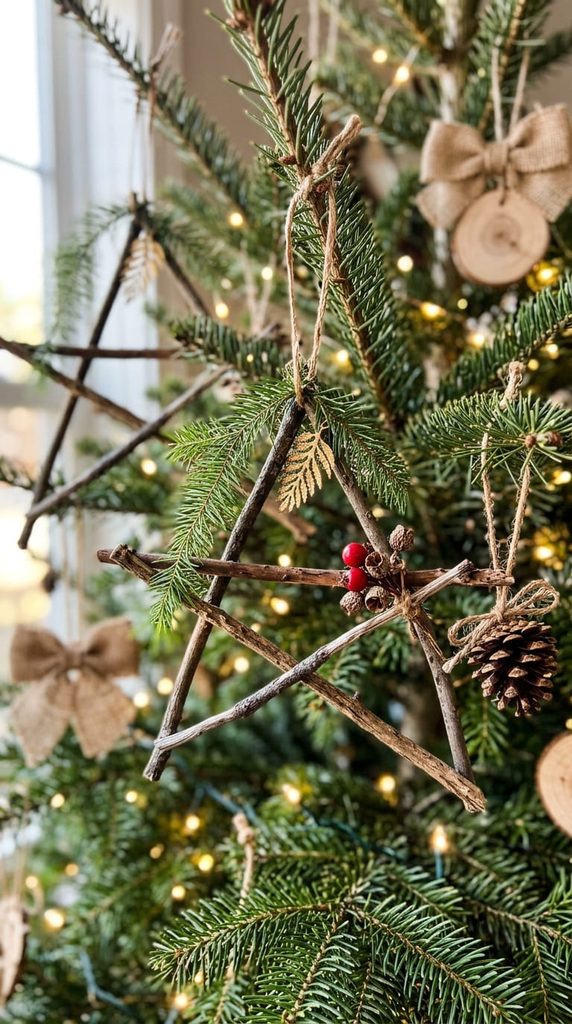rustic twig star ornaments tied with twine on a Christmas tree