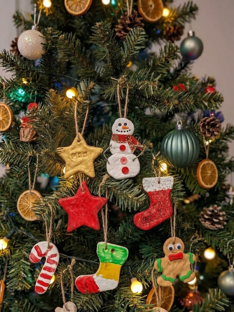 salt dough ornaments with twine loops on a Christmas tree