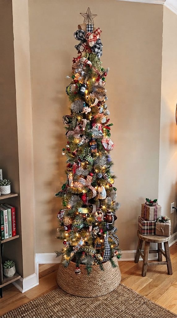 Slim pencil Christmas tree in the corner