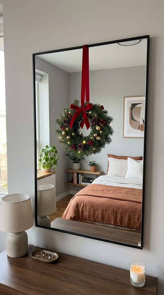 Small Christmas wreath with red ribbon hanging on a bedroom mirror