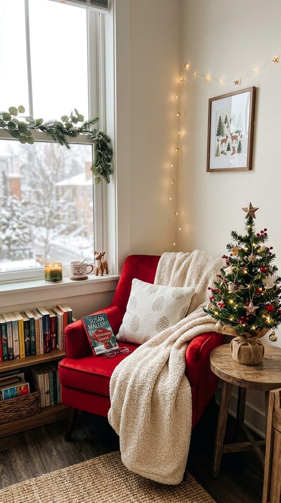 Corner reading nook with a chair, sherpa blanket, and tiny Christmas tree