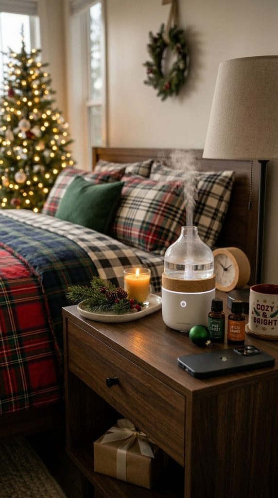 Essential oil diffuser with pine and orange scent on a bedroom nightstand