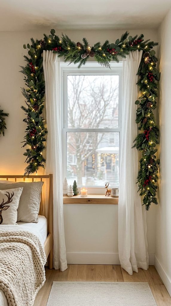 Garland hung around a bedroom window using clear adhesive hooks