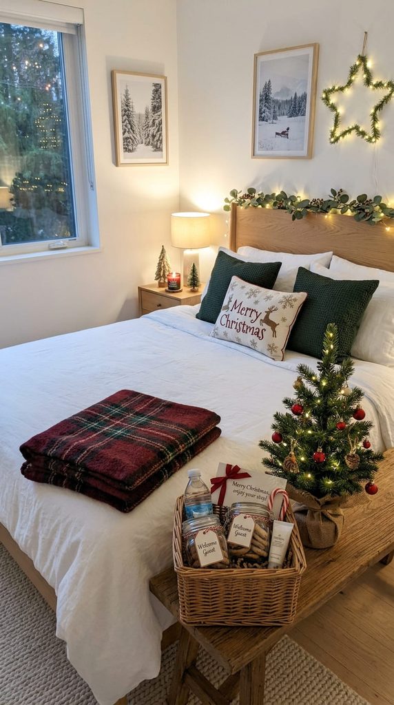 Guest bed with a folded blanket, mini tree, and welcome basket for Christmas