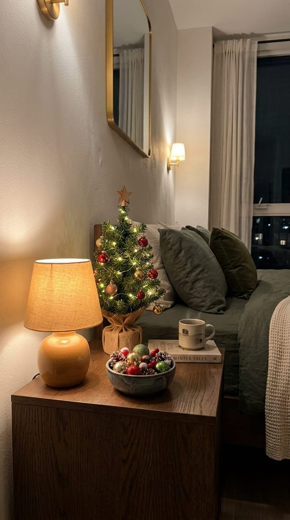 Nightstand styled with a small lamp, mini tree, and ornament bowl for Christmas