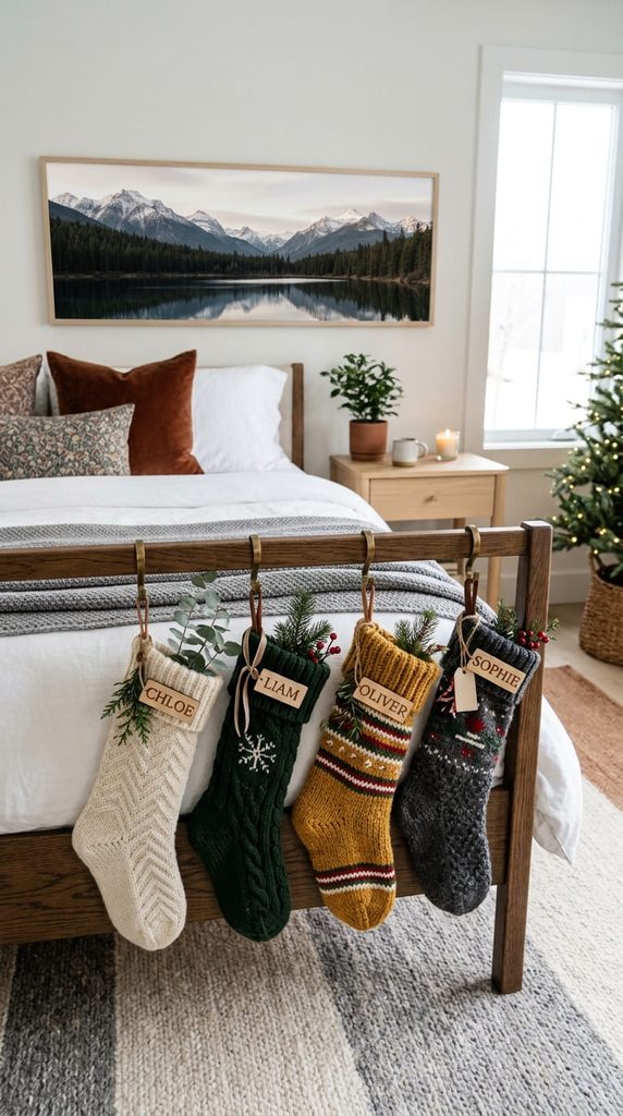 Knit Christmas stockings hanging from the posts of a bed